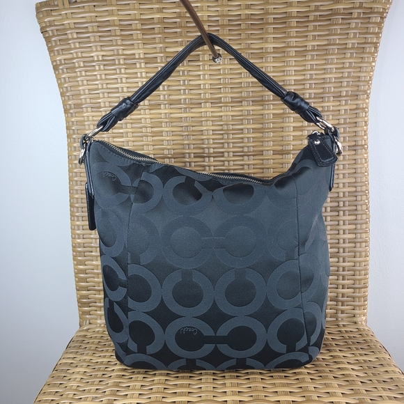 Coach Kristin Op Art Signature C Pattern Hobo Black Shoulder Bag Silver Hardware - Picture 3 of 16